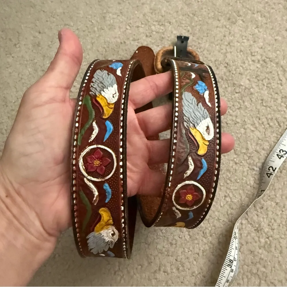 Vintage Tooled + Painted Leather Men’s Eagle and Sky Motif Belt / Mexico